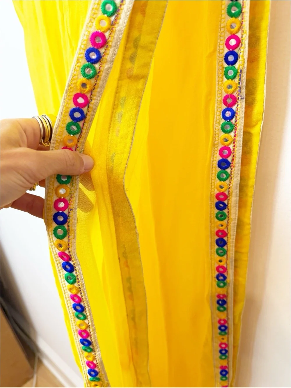 Vintage | Yellow Multicolored Embroidered Indian Dupatta Sari Wrap Chanderi Scar